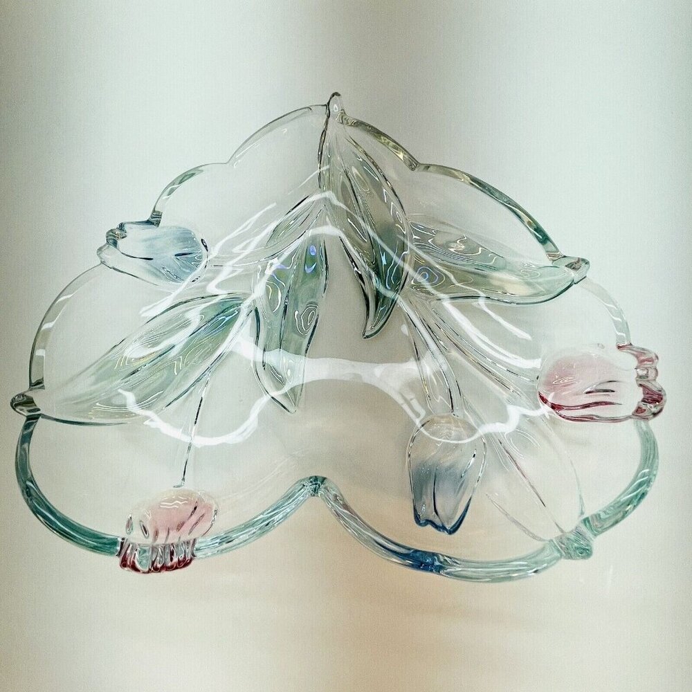 Mikasa Tivoli Crystal Serving Tray Heart Shaped W Blue Red Tulips Germany 9.5" - Picture 4 of 11
